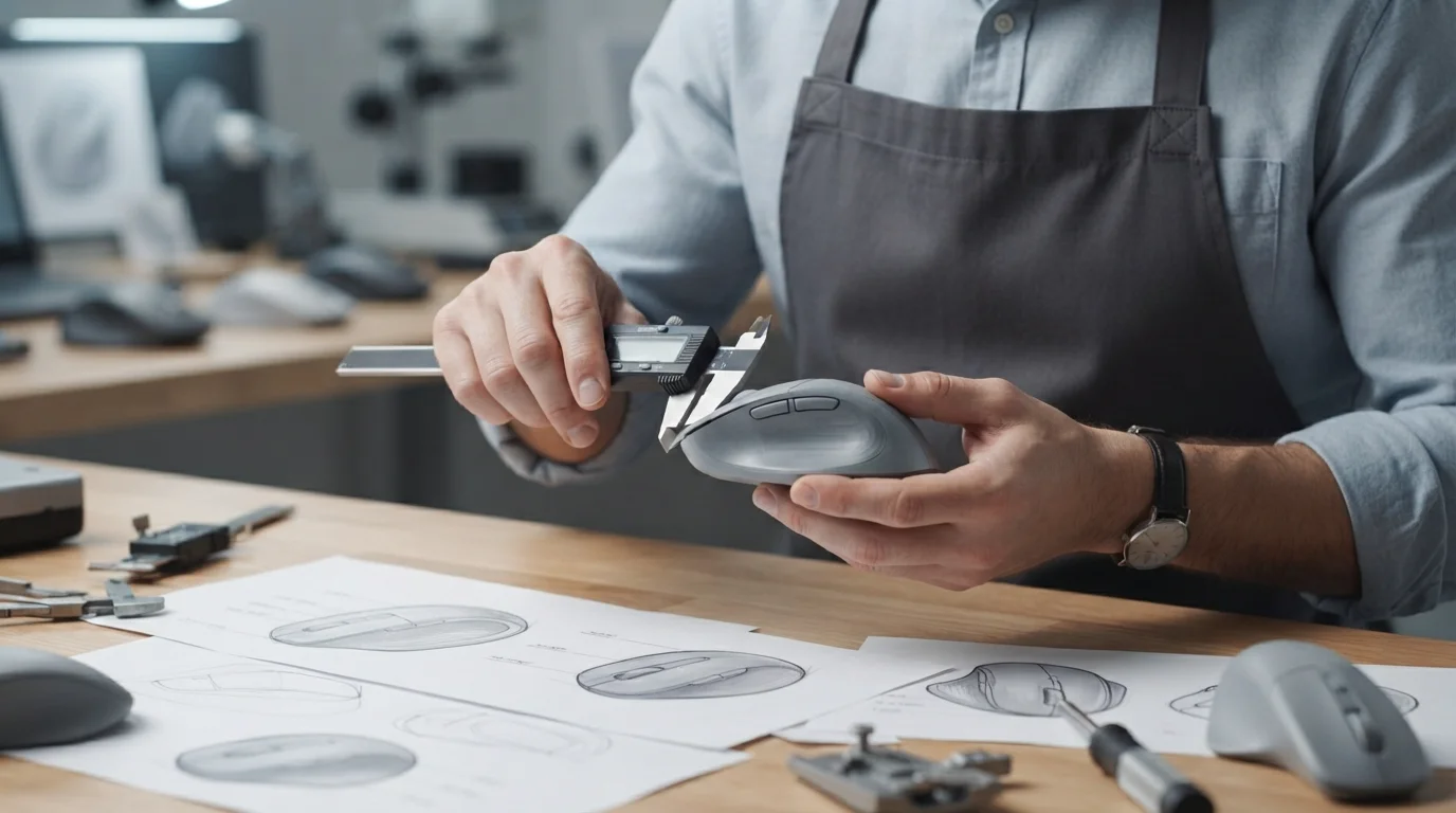 Designer inspecting computer mouse prototype