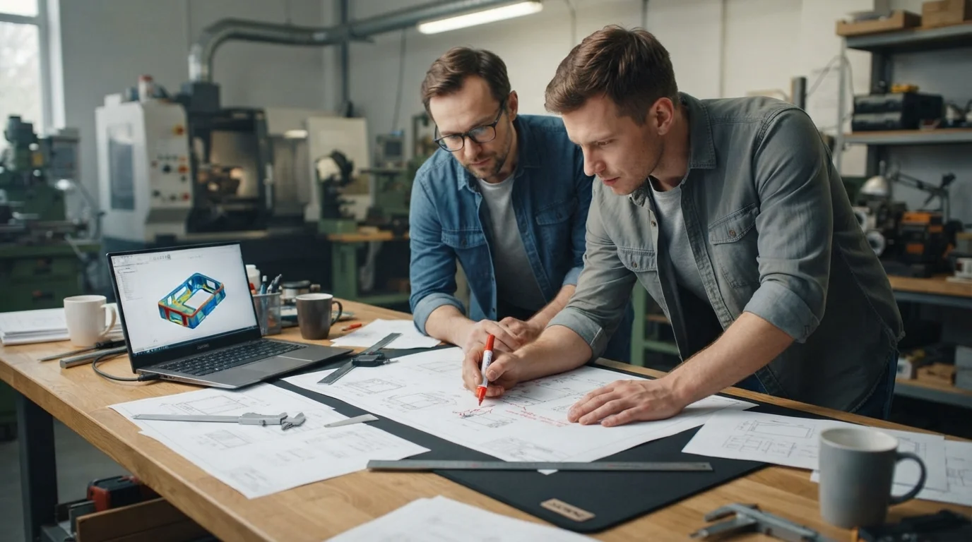 Engineers reviewing DFM drawing