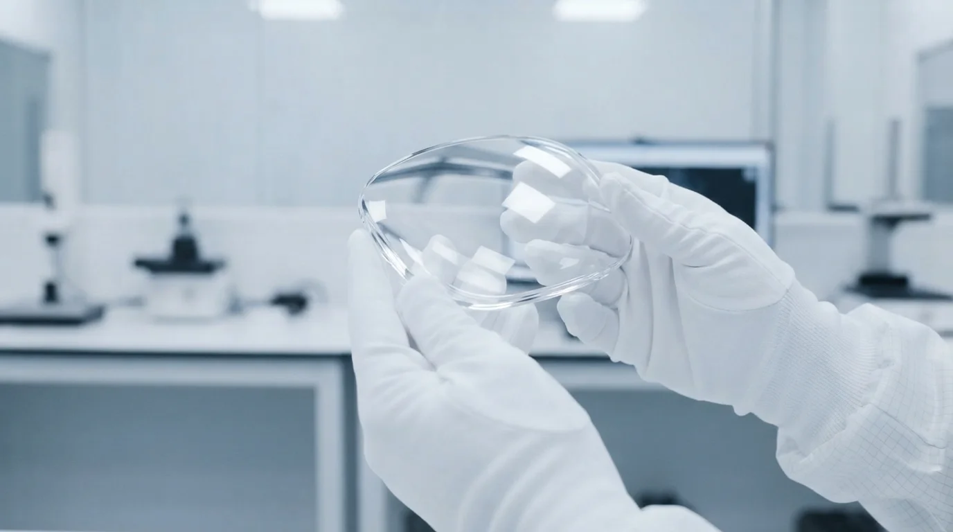 Technician holding polished clear lens
