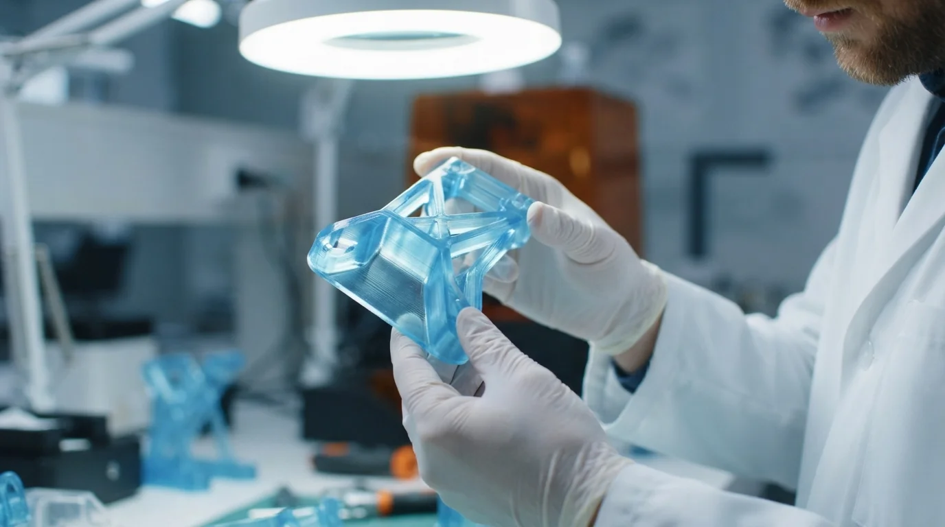inspecting clear blue resin prototype