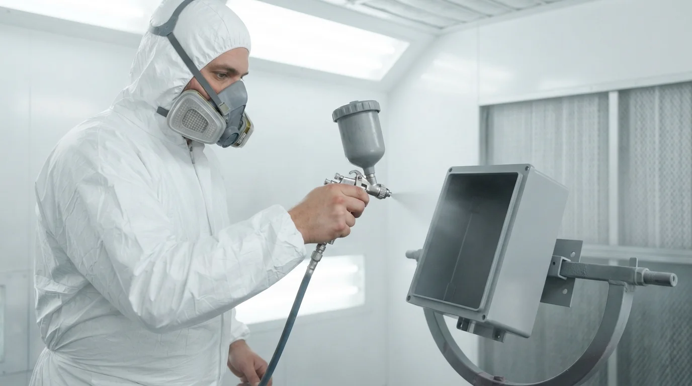 Applying spray paint in booth