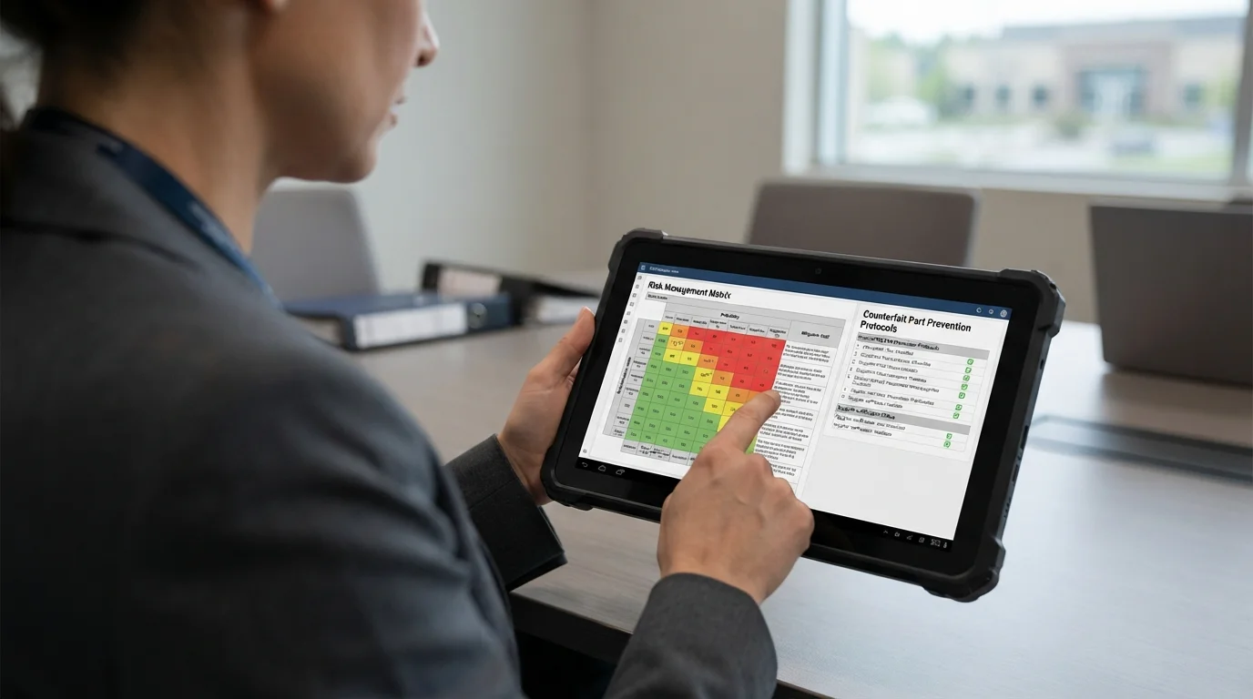 Auditor reviewing risk management matrices