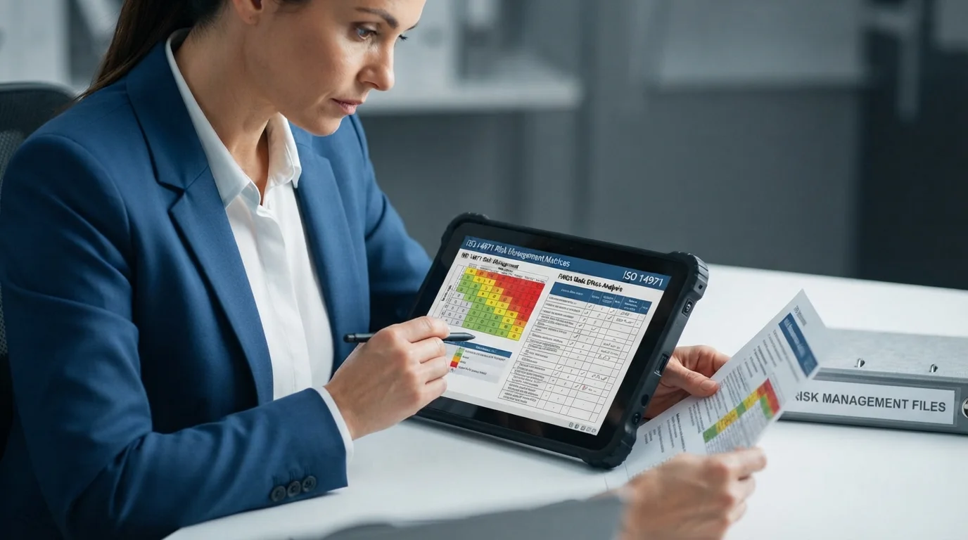 Auditor reviewing risk management matrices
