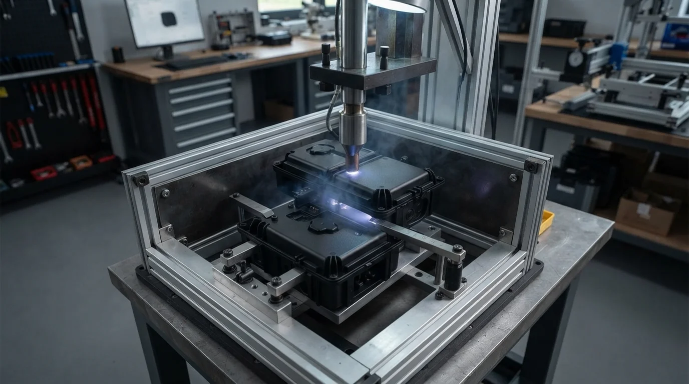 Automated assembly fixture ultrasonic welding polymer halves