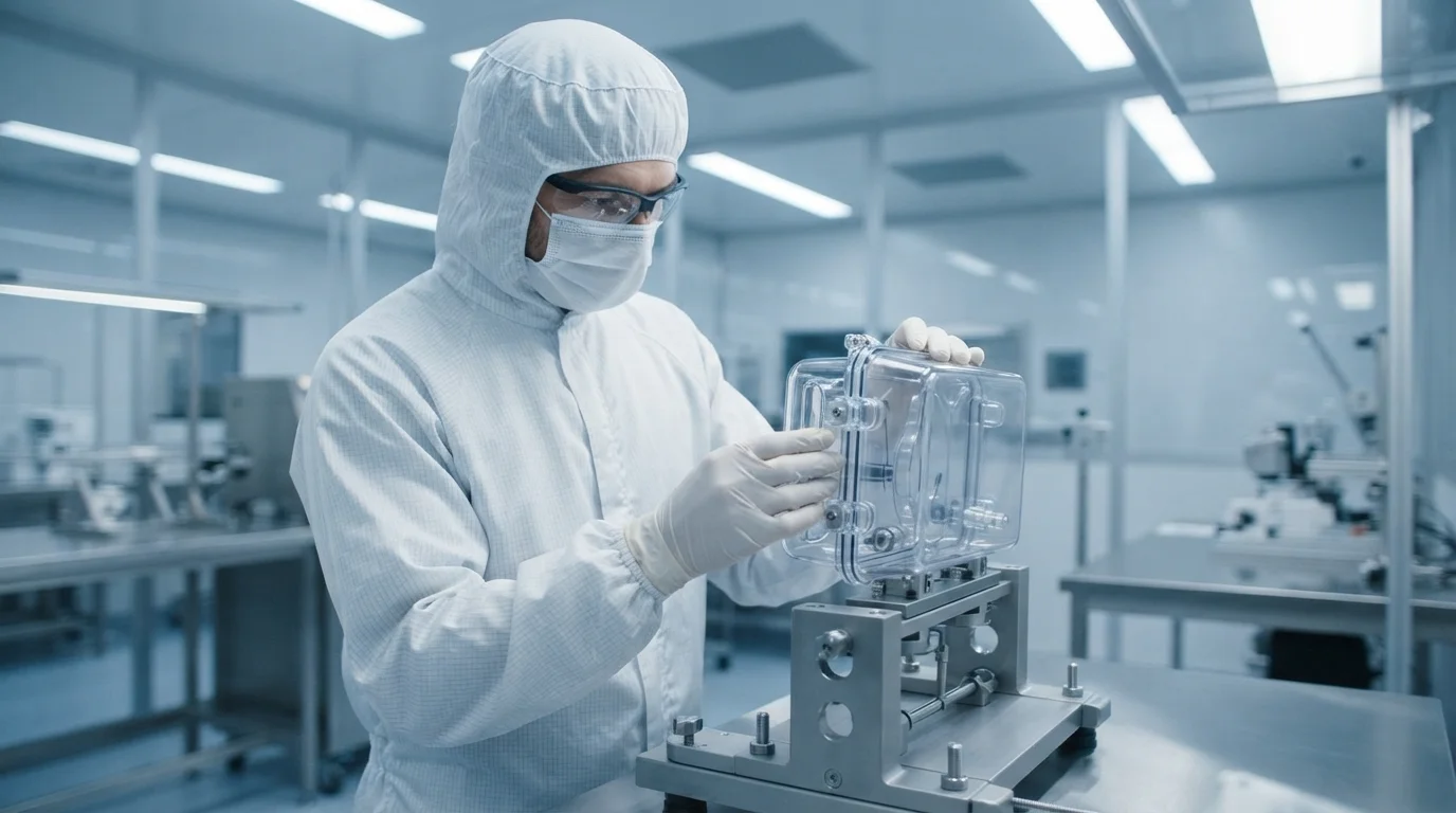 Cleanroom technician inspecting pump enclosure