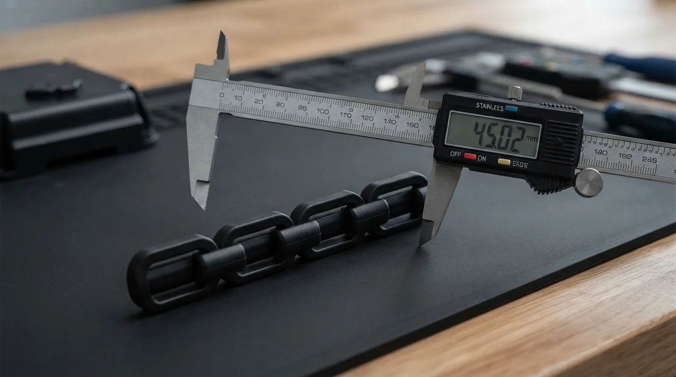 Digital caliper measuring cumulative length on plastic links