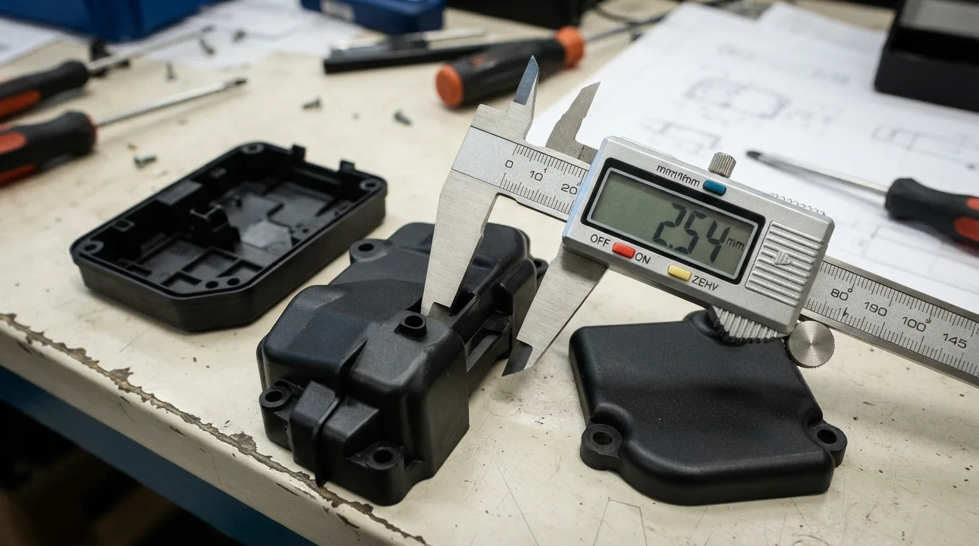 Digital caliper measuring wall dimensions on plastic covers