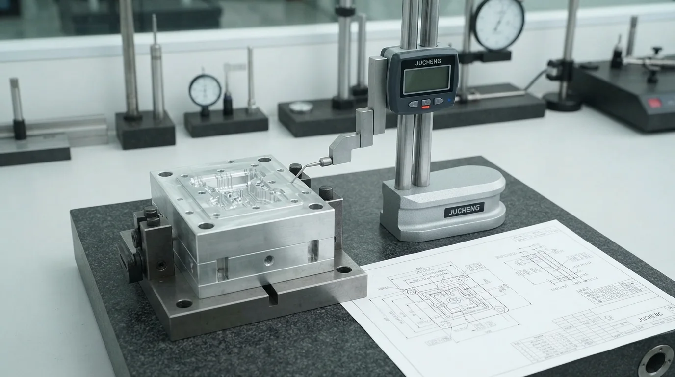 Digital height gauge inspecting aluminum mold insert