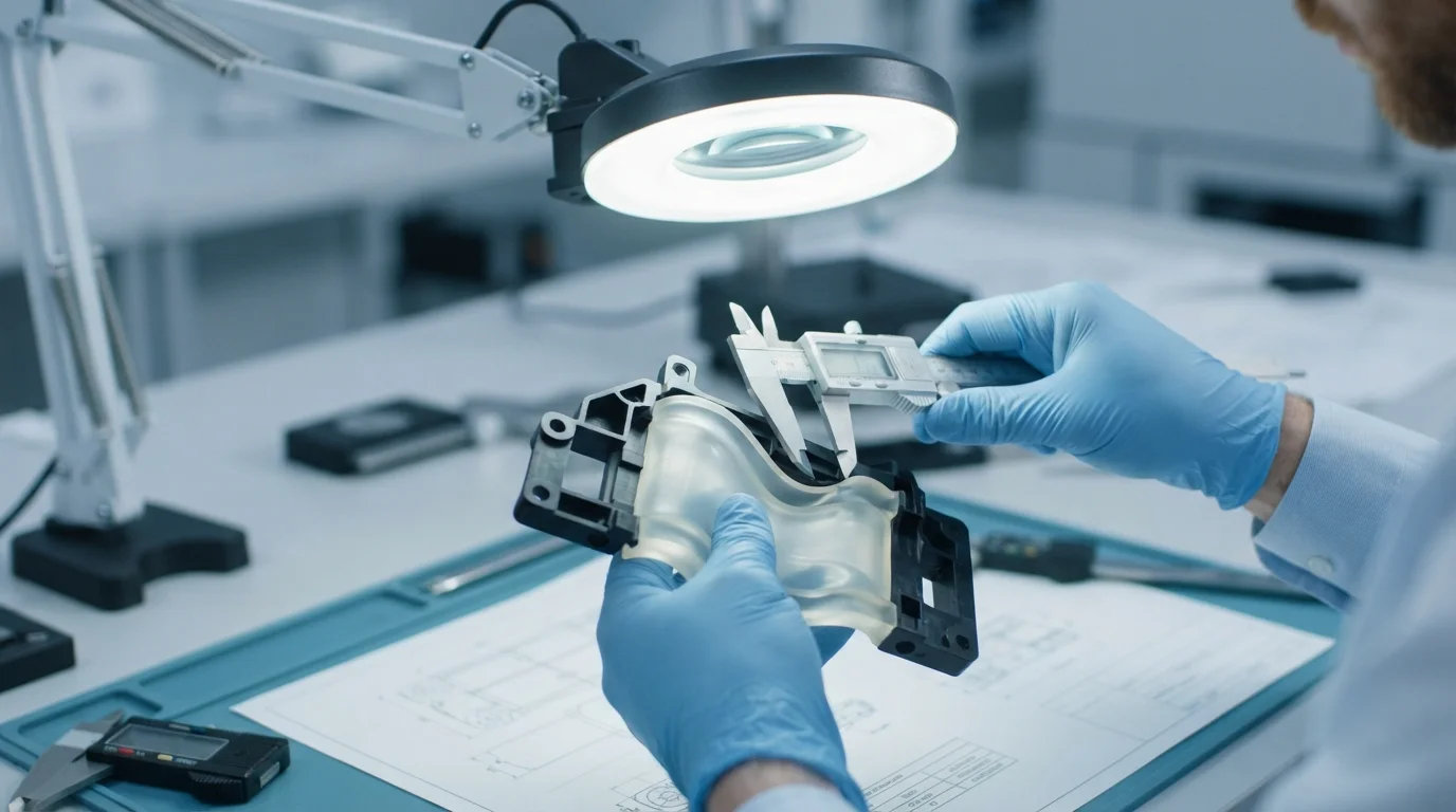 Engineer examining dual-material samples
