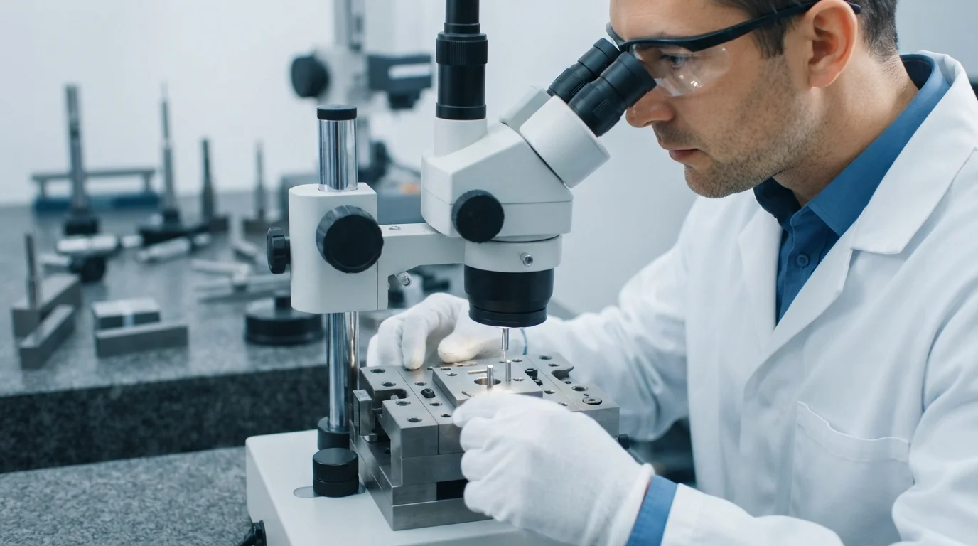 Engineer inspecting metal insert pin