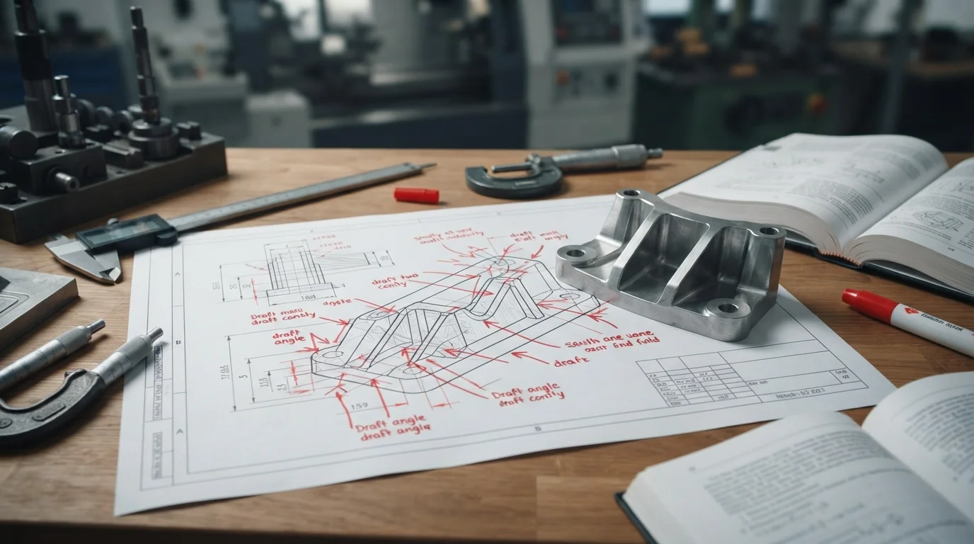 Engineering drawing highlighting draft angles