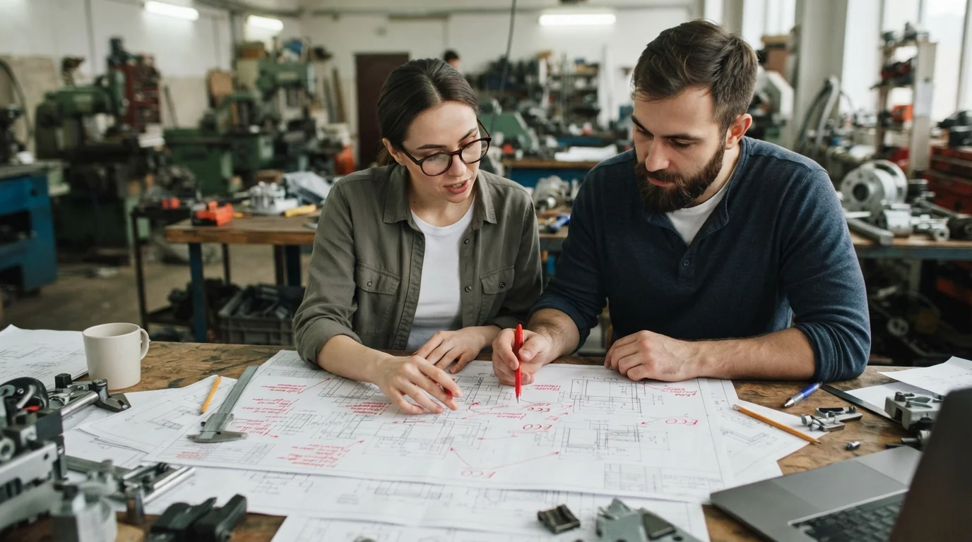 Engineers reviewing ECO CAD drawings