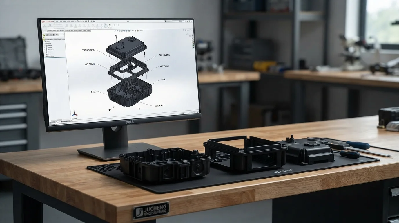 Exploded CAD view and molded plastic housing components