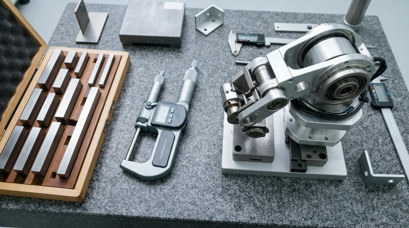 Gauge blocks beside robotic joint