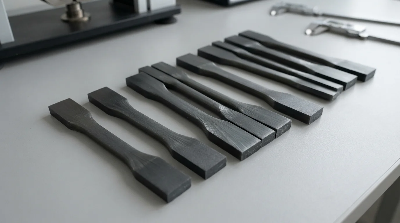 Glass-filled nylon tensile test bars after cooling