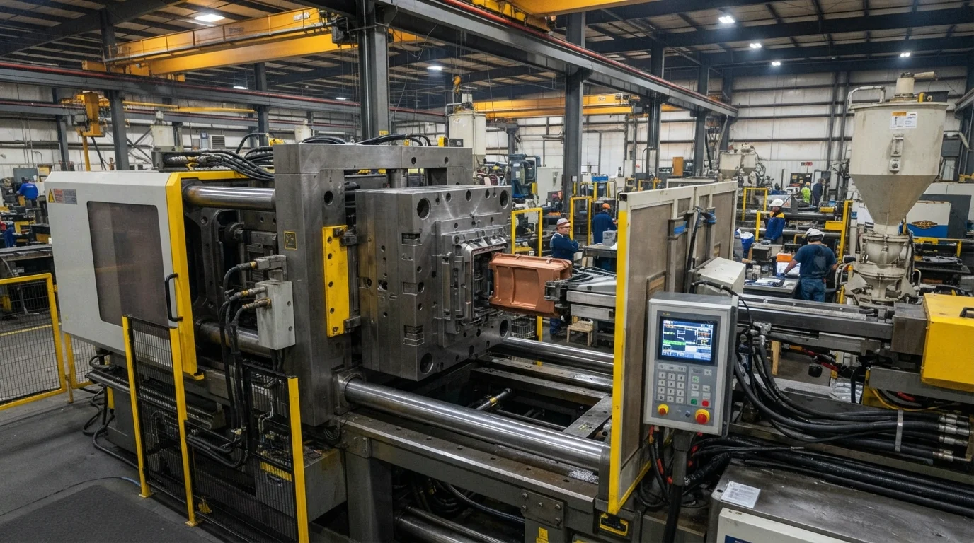 Large-format injection molding press for telecom housing