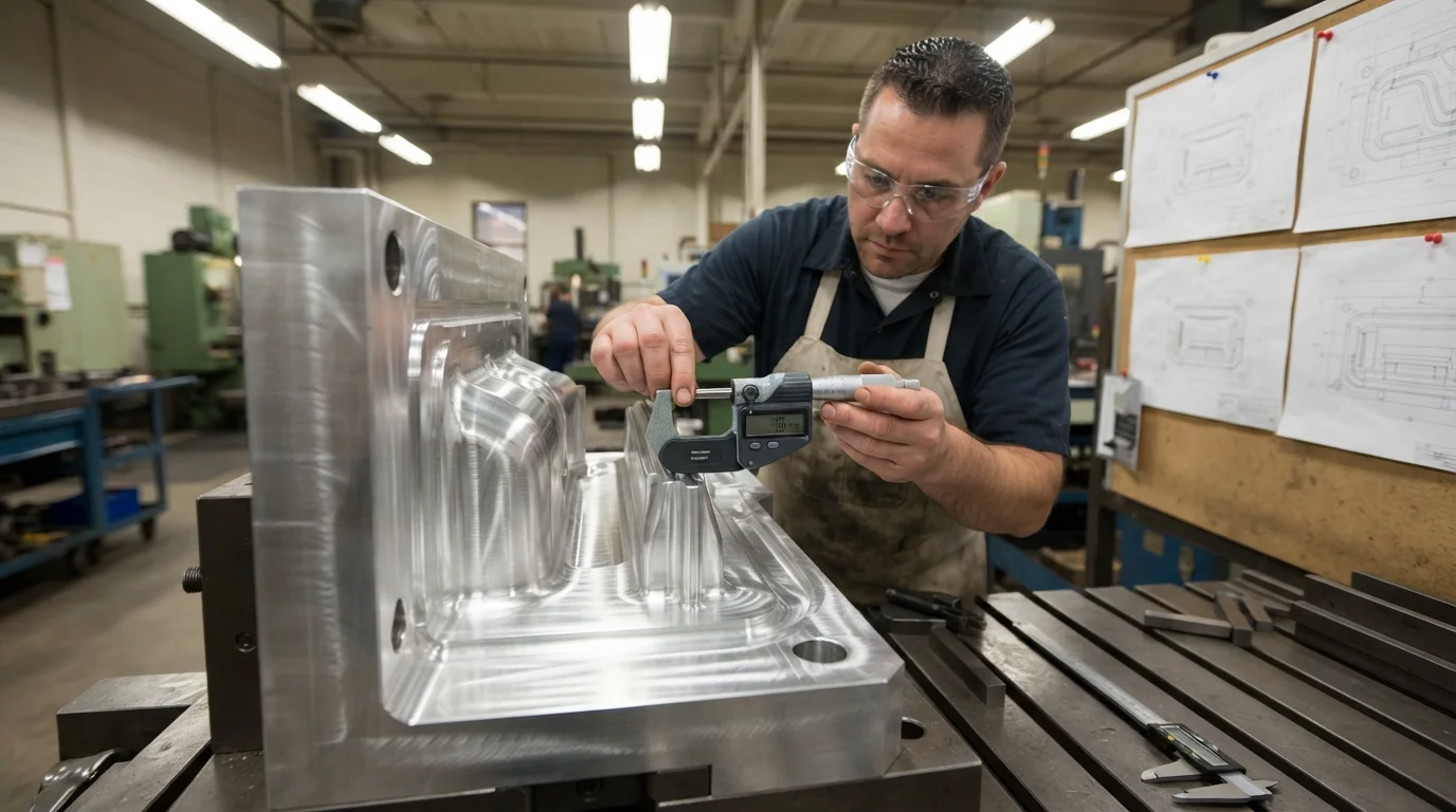 Machinist calibrating oversized rapid aluminum mold cavity
