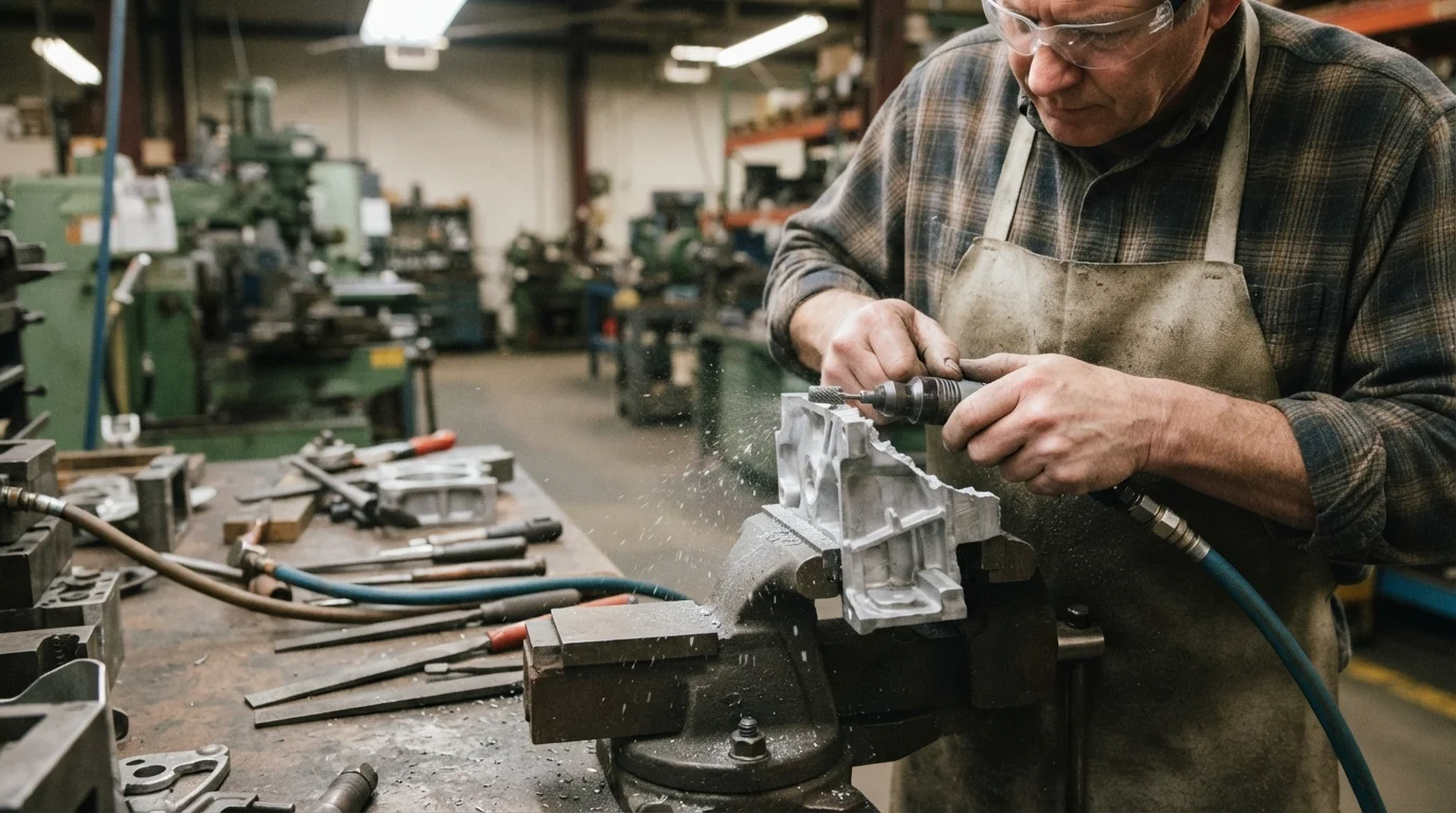 Machinist deburring die cast edge