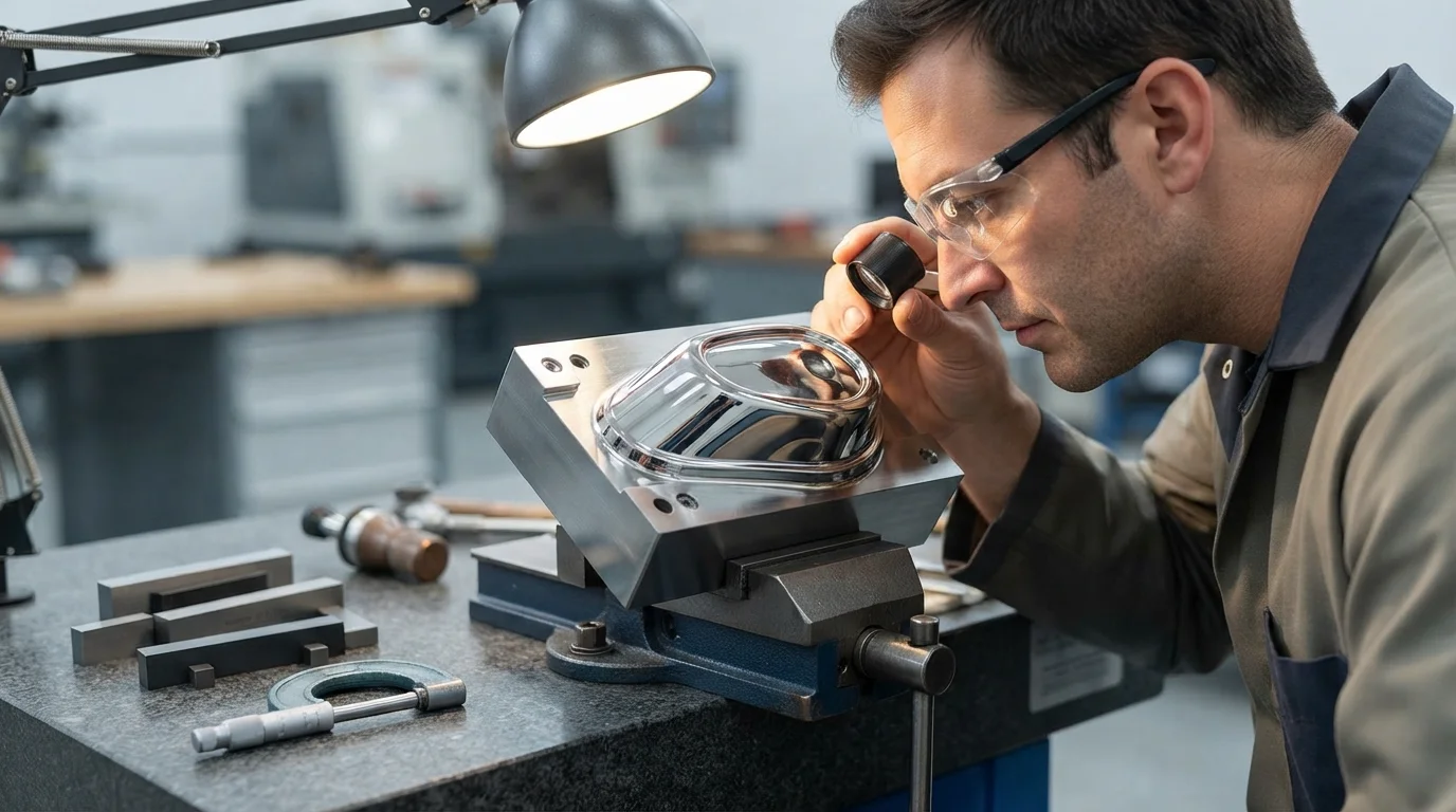 Machinist inspecting optical mold insert polish
