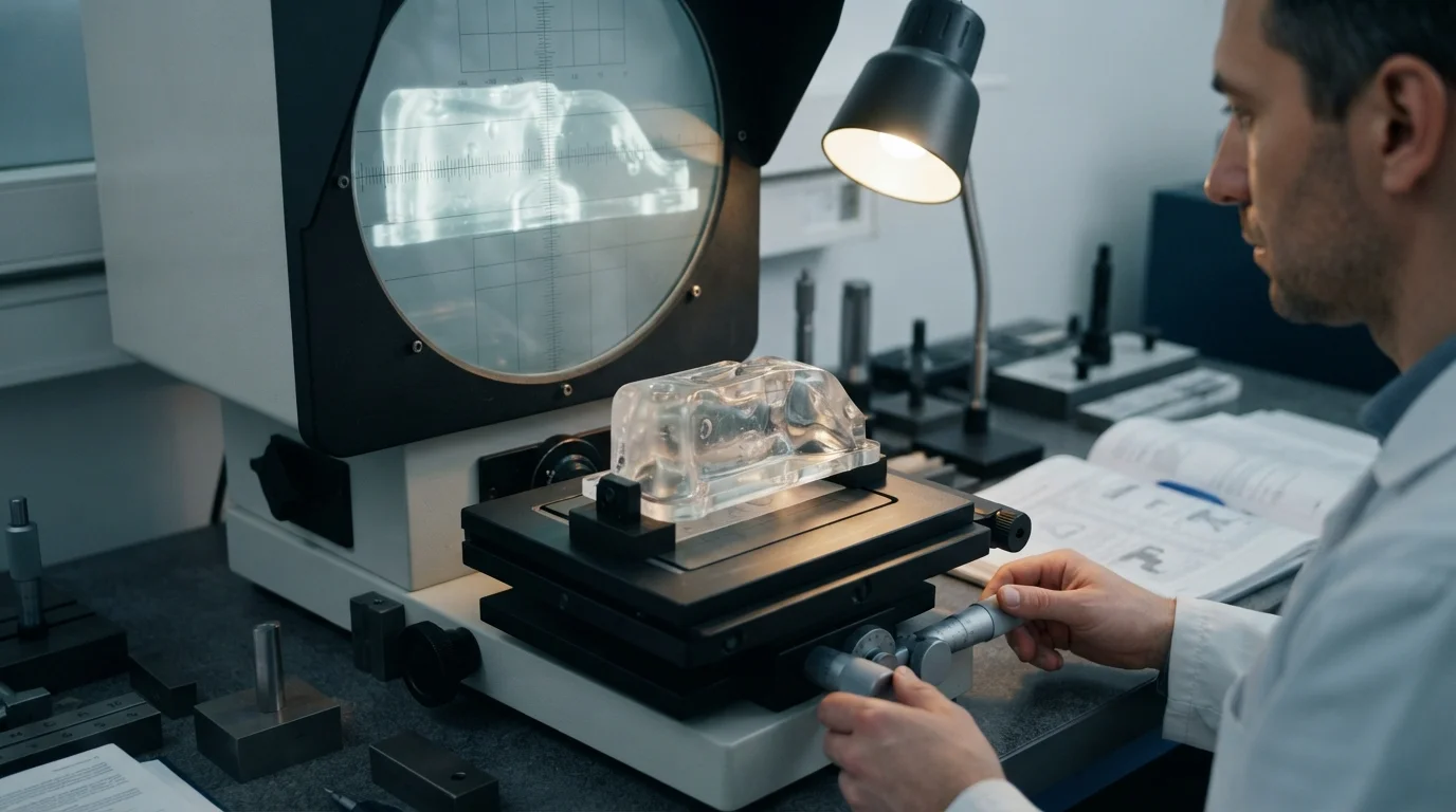 Optical comparator measuring volumetric distortion on resin sample