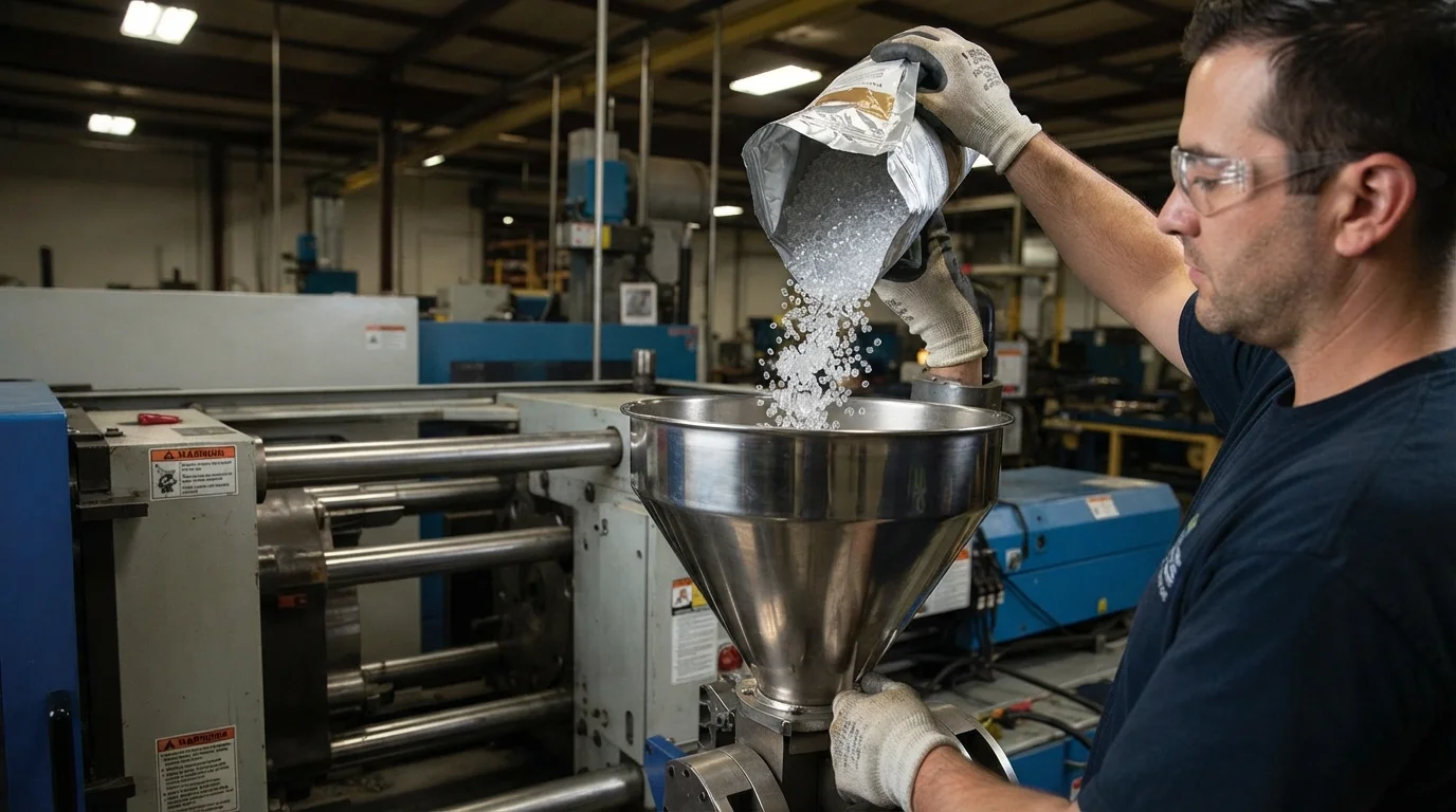Pellets pouring into hopper press