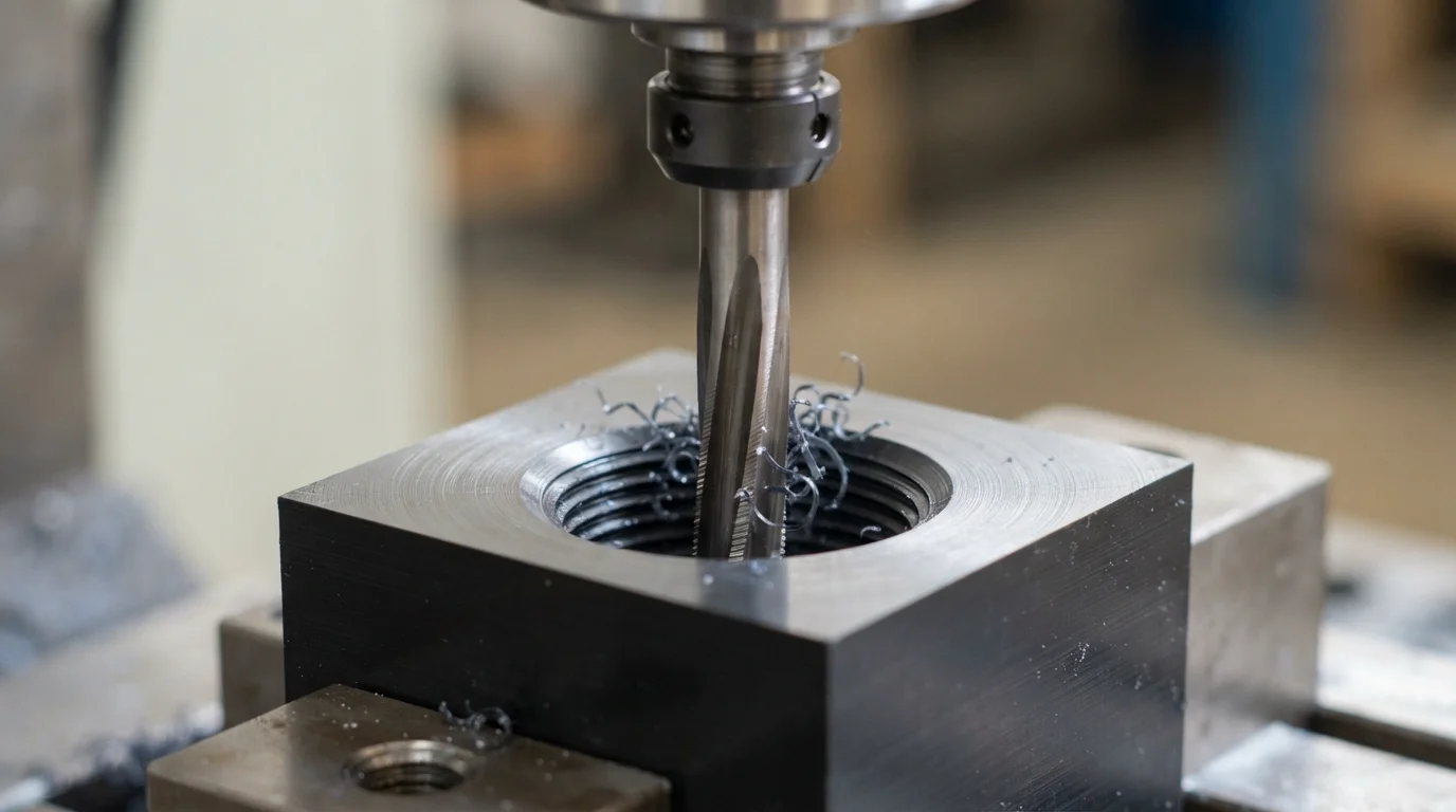 Precision reamer cutting plastic block