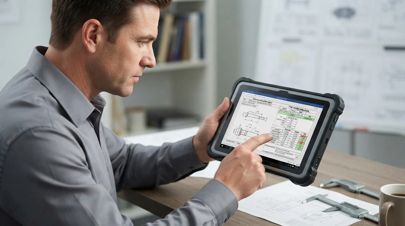 Quality manager reviewing dimensional report