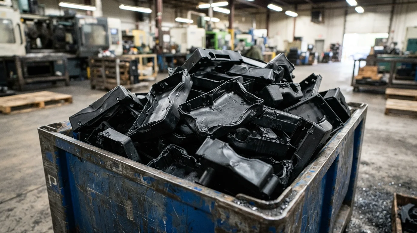 Scrapped warped plastic part pile