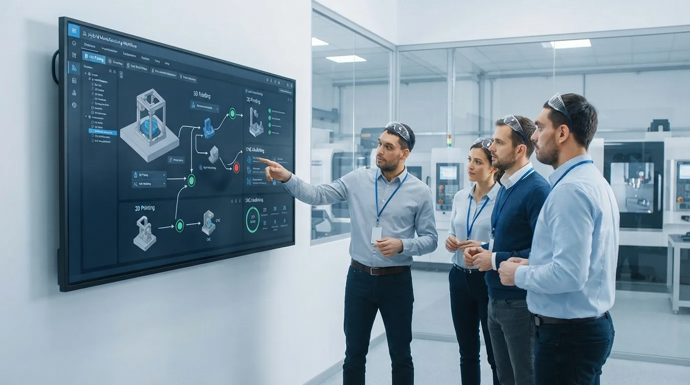 Team reviewing hybrid manufacturing workflow