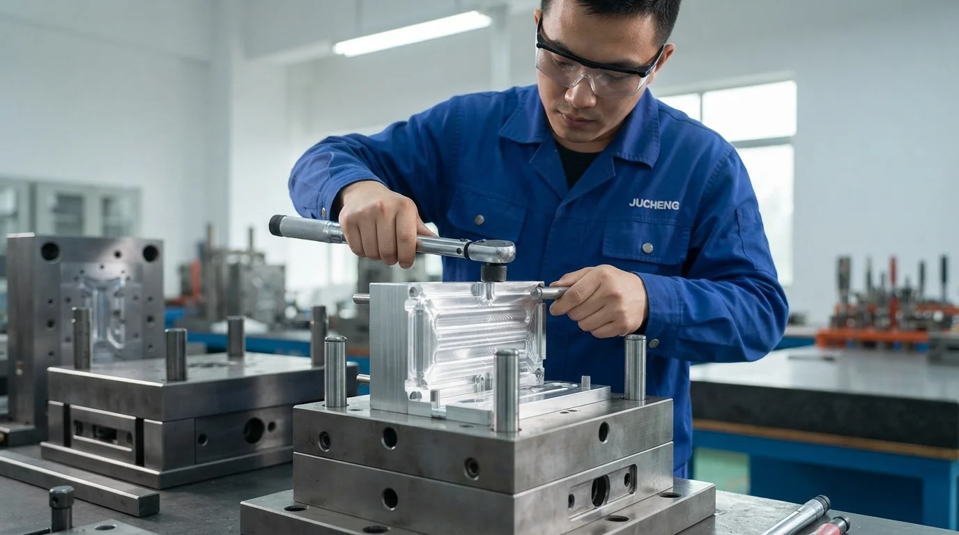 Technician mounting aluminum mold inserts