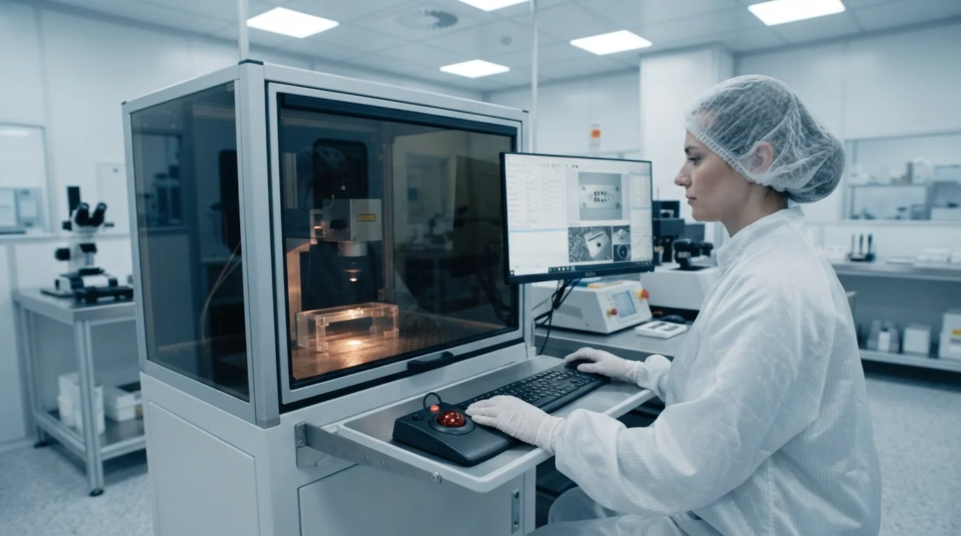 Technician operating laser marking workstation