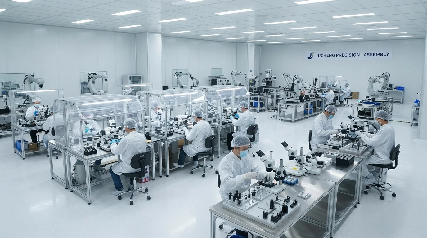 Technicians assembling robotic joints cleanroom