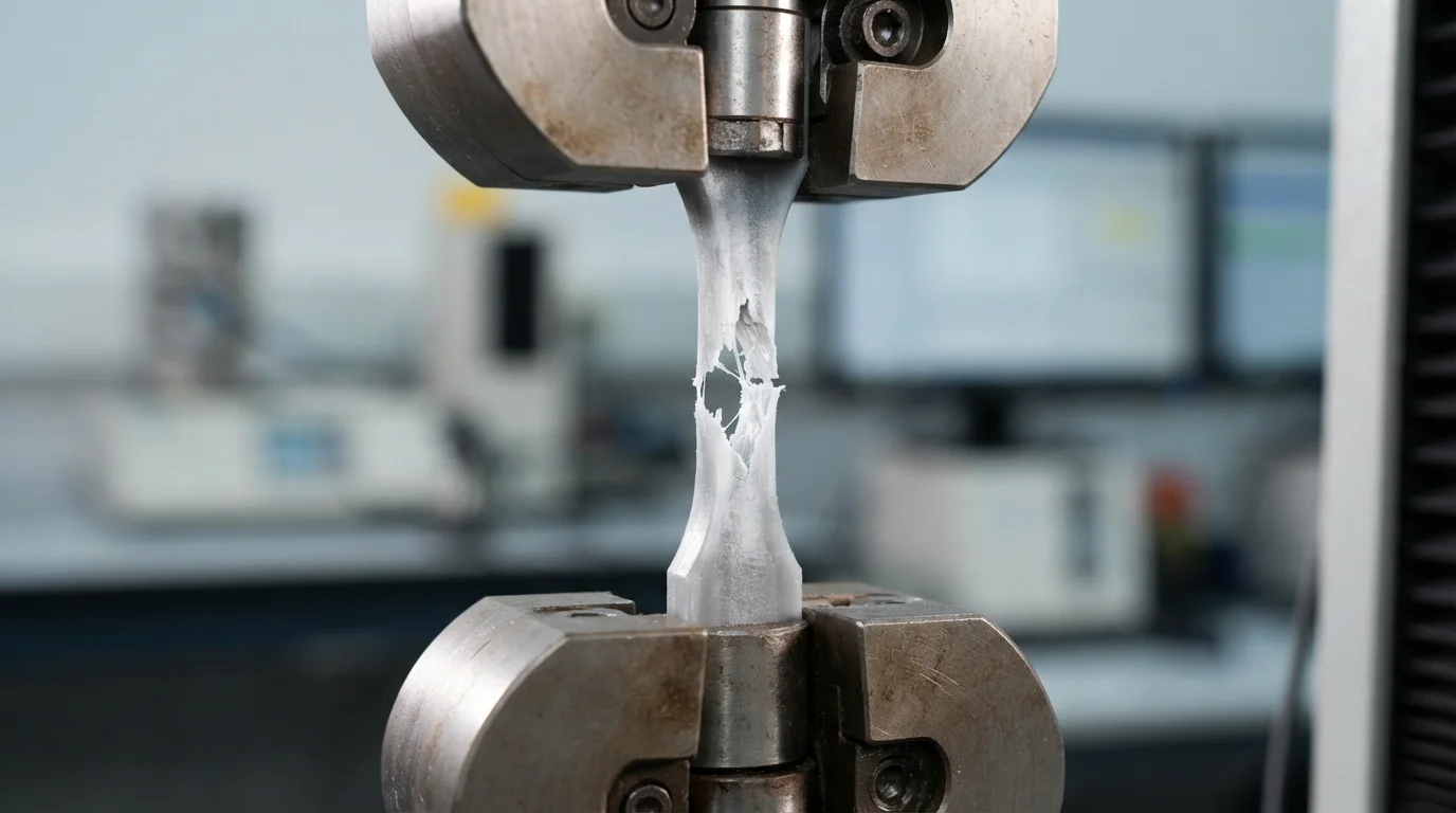 Tensile strength testing on molded plastic specimen