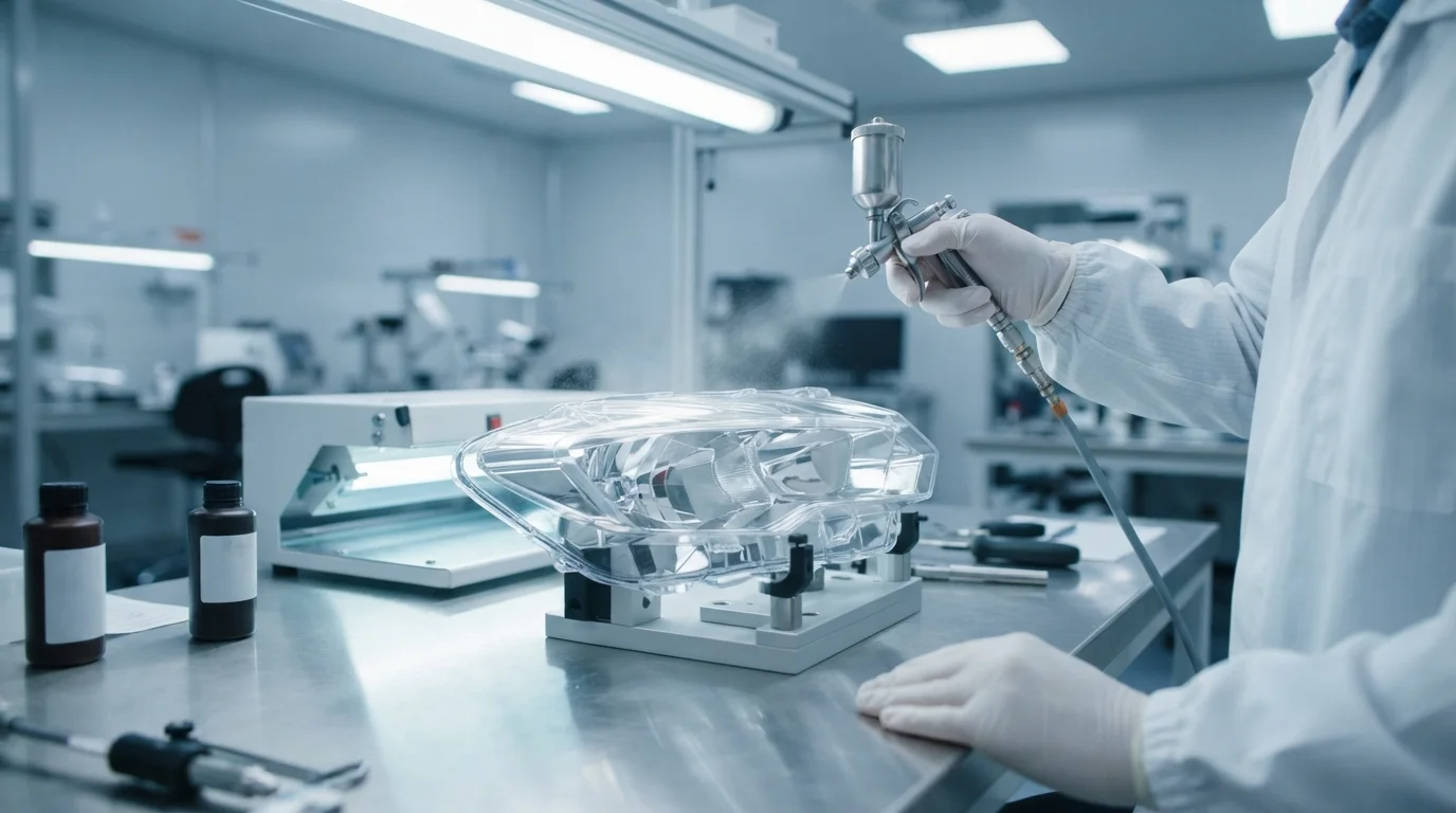 Toolmaker applying UV coating lens