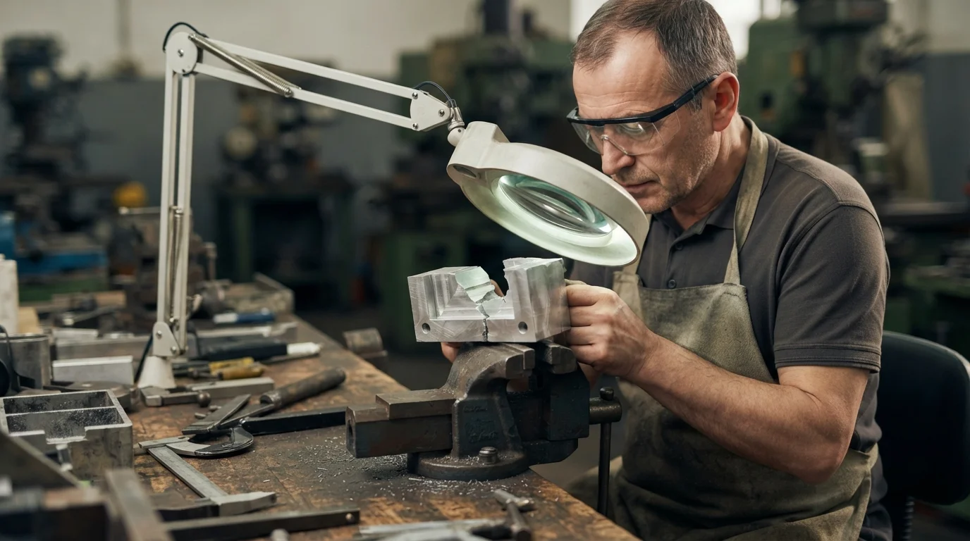 Toolmaker inspecting fractured mold core