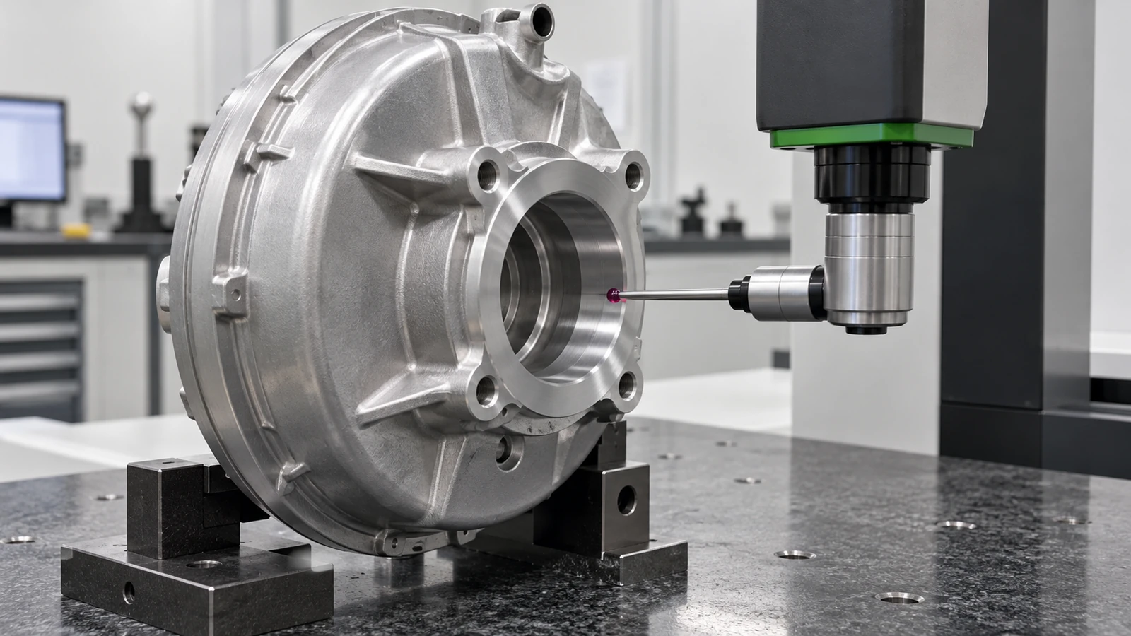CMM probe checking the housing bore and mounting pattern