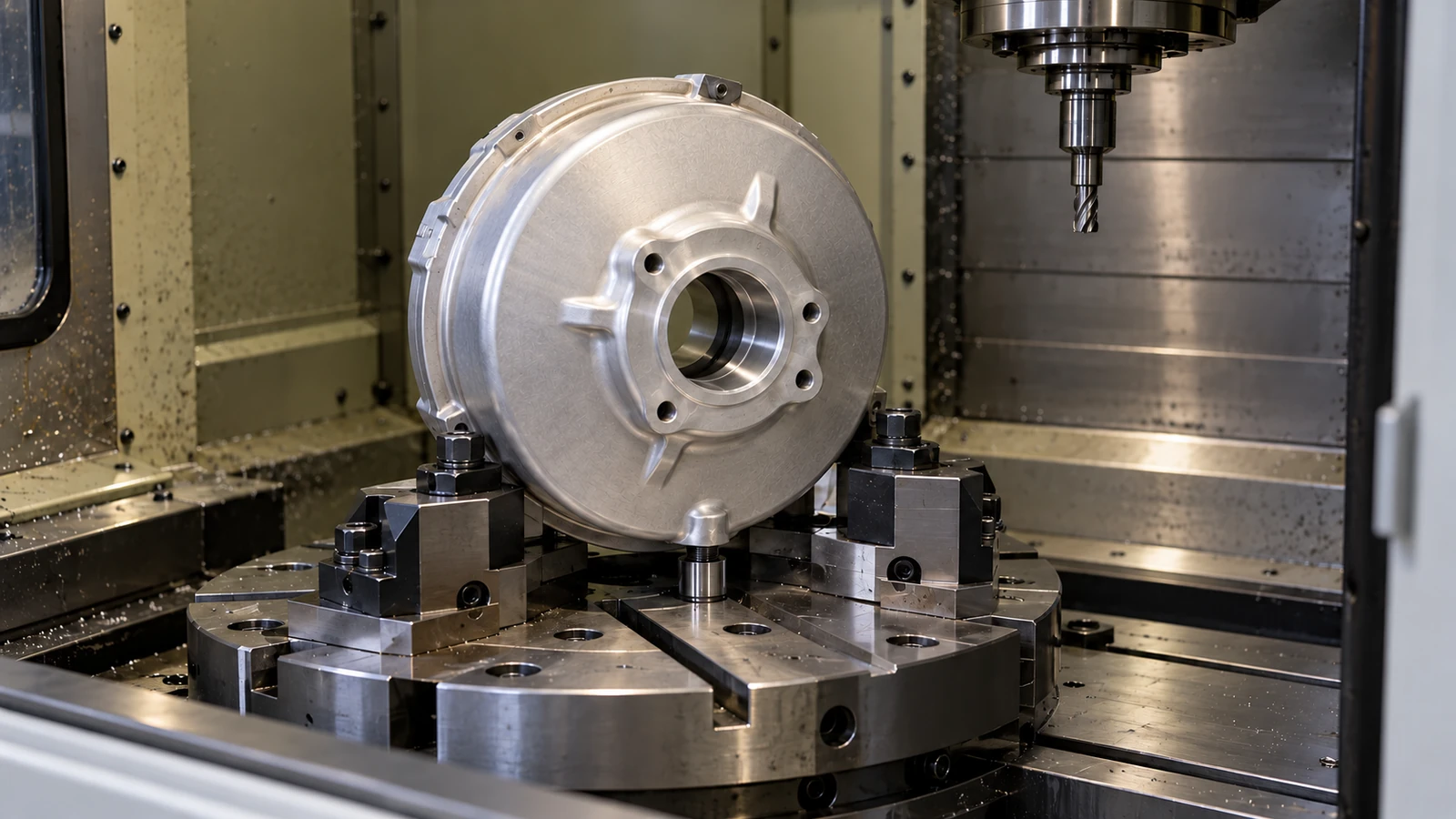 Brake booster housing secured for machining of its mounting face