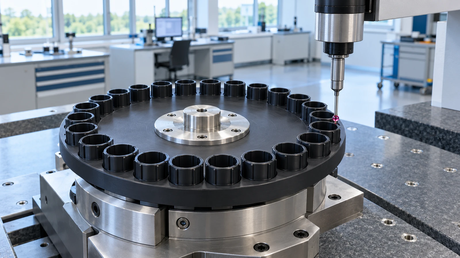 Sample carousel positioned for full-pattern inspection