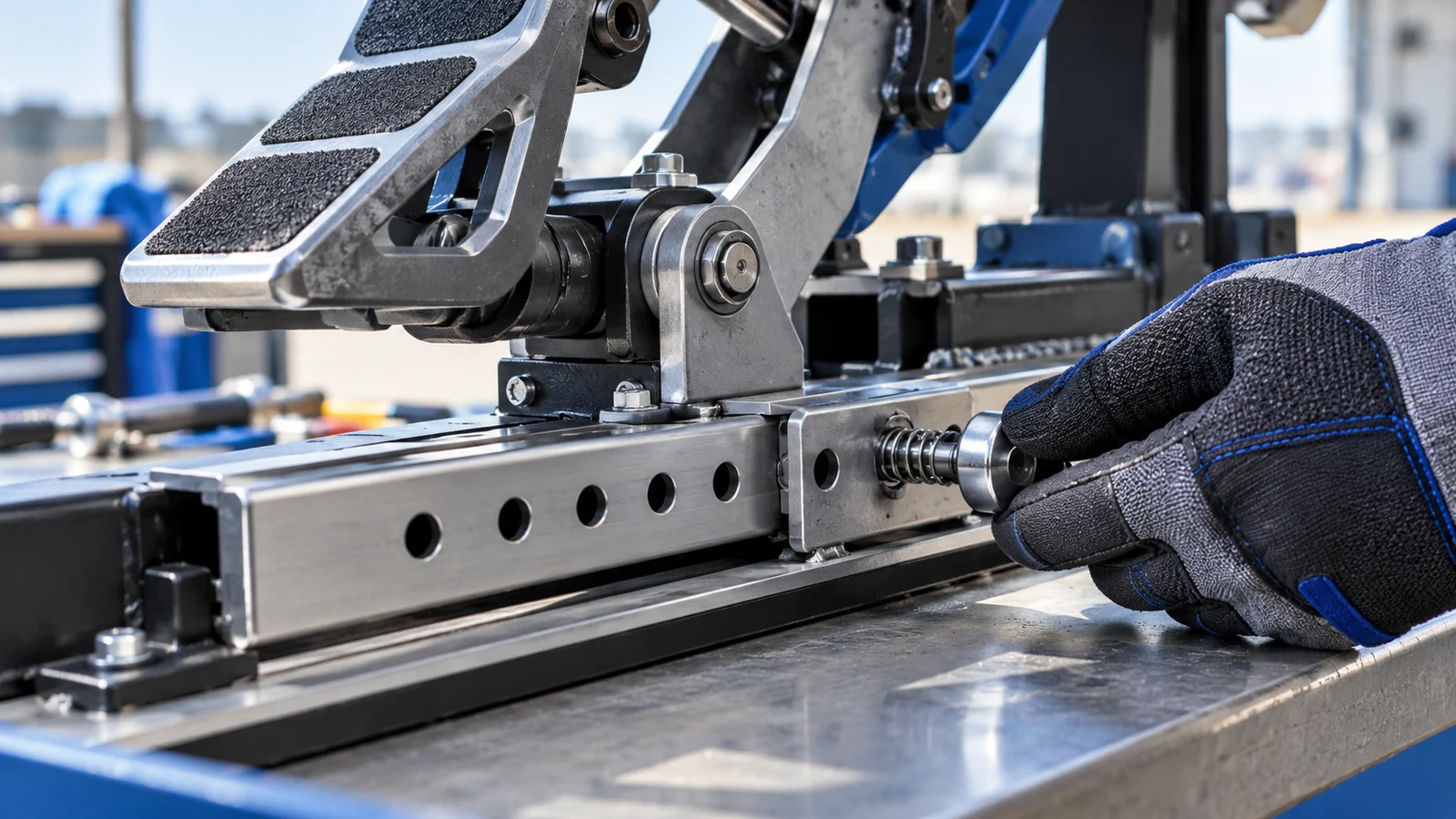 Rudder pedal adjustment track