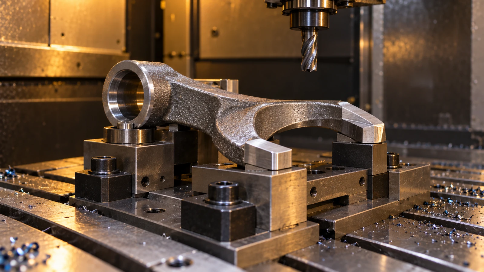 Shift fork located from its mounting datum in a machining fixture