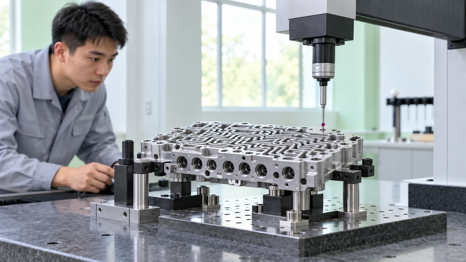 Valve body positioned for dimensional inspection